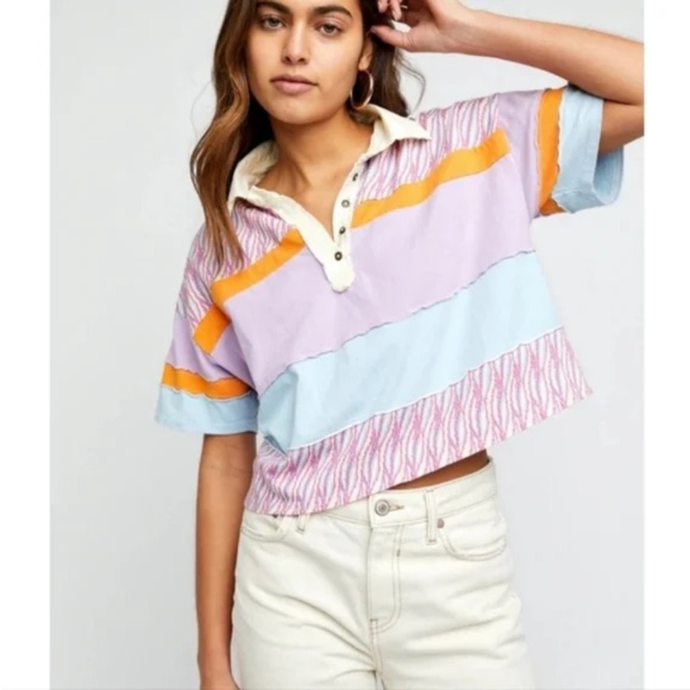 Free People Bella Stripe Retro Combo Cropped Polo Pastel Size Small